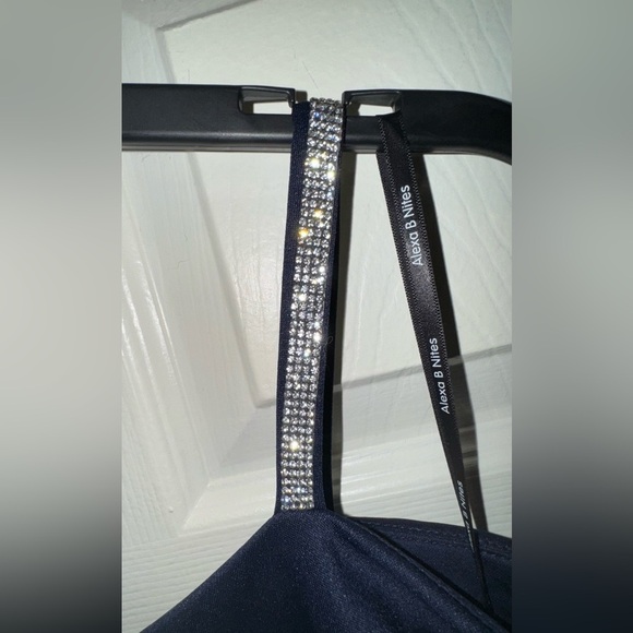 Alexa B Nights Elegant Navy Blue Off-Shoulder rhinestone strap gown Sz. 12P NWT - Picture 9 of 11
